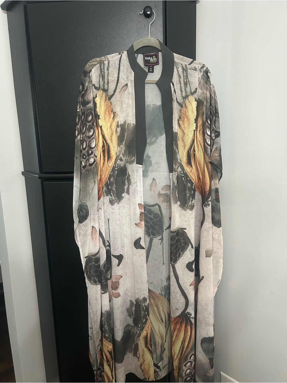 Rara Avis Floral-Print Long Open Cardigan in Gray & Gold